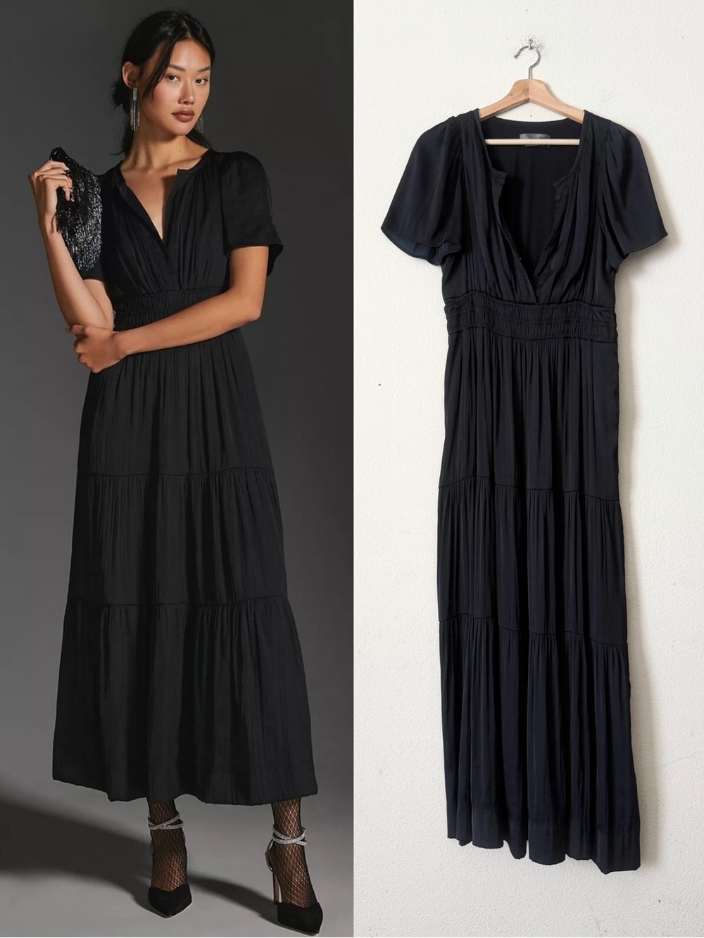 Anthropologie MEDIUM The Somerset black satin tiered pocketed maxi dress